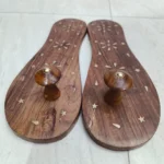 Simple Wooden Khadau Paduka with Floral Brass Work