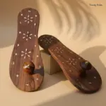 Wooden Khadau Paduka with Floral Brass Work