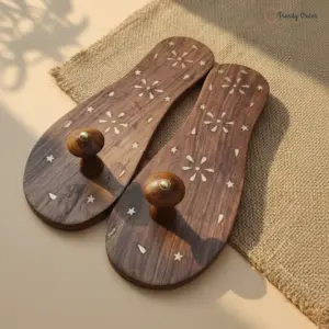 Wooden Khadau Paduka with Floral Brass Work