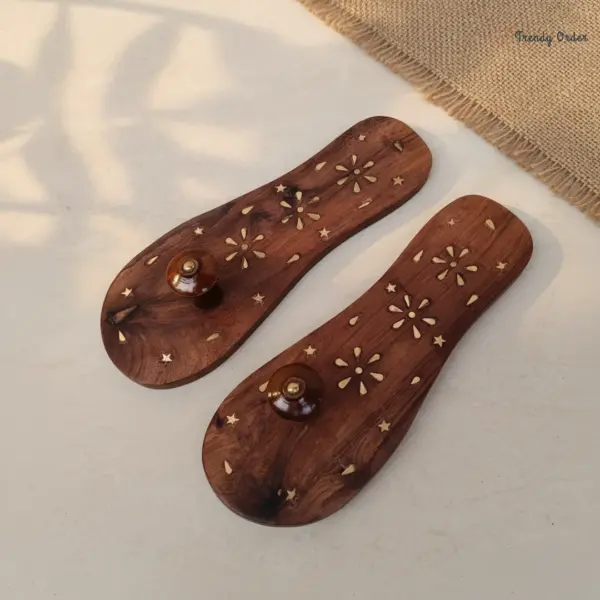 Wooden Khadau Paduka with Floral Brass Work