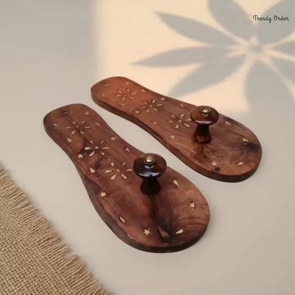 Wooden Khadau Paduka with Floral Brass Work
