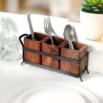 Wooden Cutlery Holder Wrought Iron Stand