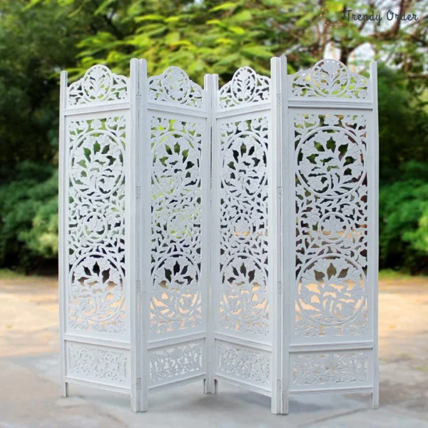 Elegant White 4-Panel Room Divider with Floral Lattice Design Elegant White 4-Panel Room Divider with Floral Lattice Design