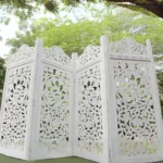 Elegant White 4-Panel Room Divider with Floral Lattice Design