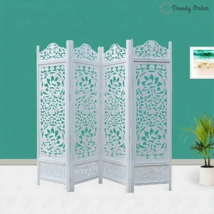 Elegant White 4-Panel Room Divider with Floral Lattice Design