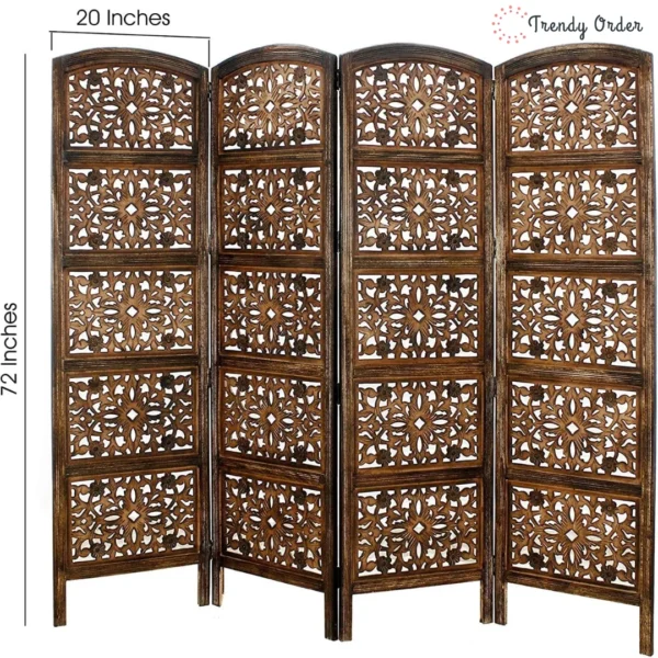 Mandala 4-Panel Room Divider with Carved Floral Design