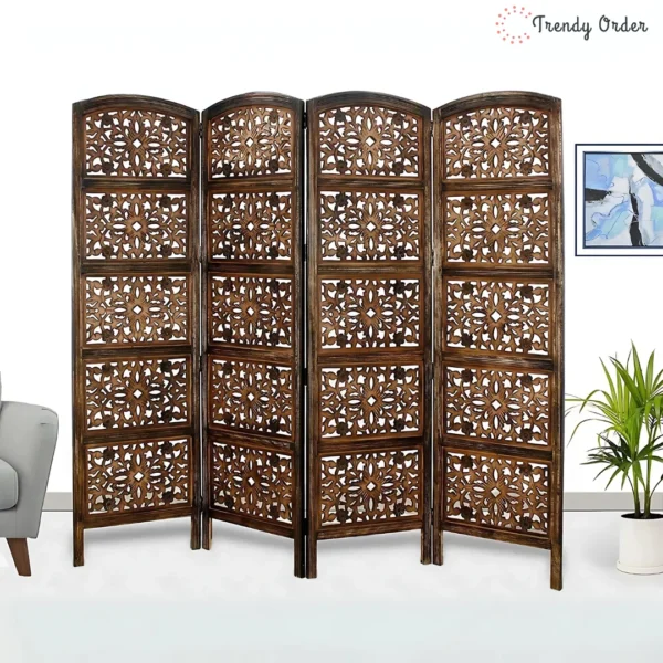 Mandala 4-Panel Room Divider with Carved Floral Design