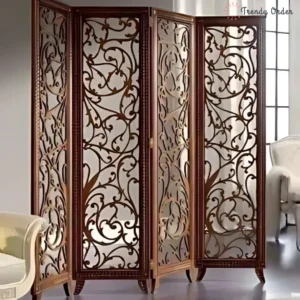 Moroccan Carved Room Divider with Floral Lattice Design