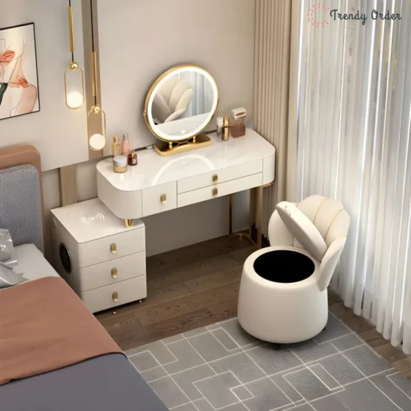 Modern LED Vanity Set with Storage Cabinet and Shell Chair