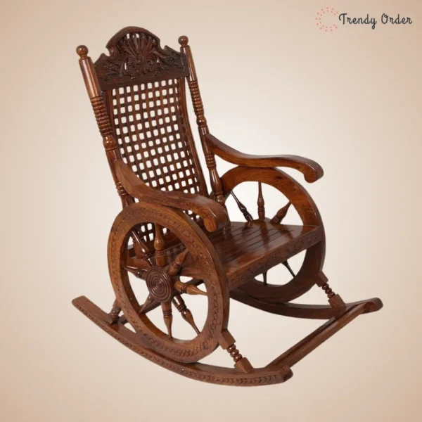 Sheesham Wood Rocking Chair Walnut Finish Carved Floral Design Sheesham Wood Rocking Chair Walnut Finish Carved Floral Design