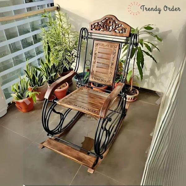 Wooden & Iron Rocking Chair Carved Design