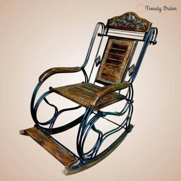 Wooden & Iron Rocking Chair Carved Design