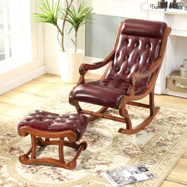 American Style Leather Rocking Chair Carved Wood