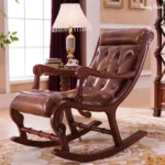 American Style Leather Rocking Chair Carved Wood