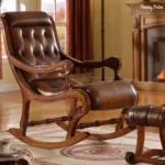 American Style Leather Rocking Chair Carved Wood