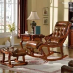 American Style Leather Rocking Chair Carved Wood