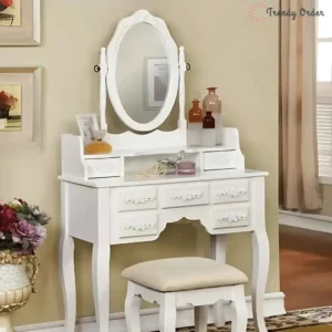 Elegant Wooden Dressing Table Set with Mirror and Stool