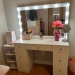 Freya Modern Vanity Table with Full-Width Mirror and Storage