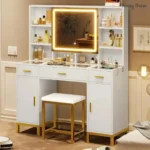 Morehart Glass-Top Vanity with LED Mirror and Charging Station