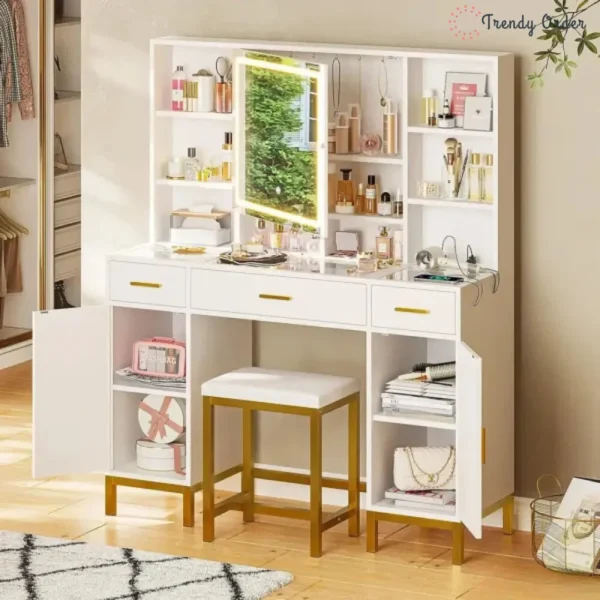 Morehart Glass-Top Vanity with LED Mirror and Charging Station Morehart Glass-Top Vanity with LED Mirror and Charging Station