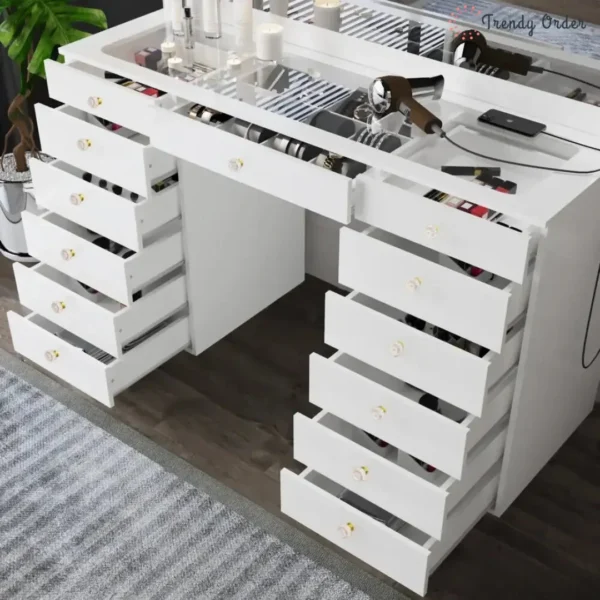 Looks Illuminated Vanity with 13 Drawers and Glass Top Looks Illuminated Vanity with 13 Drawers and Glass Top