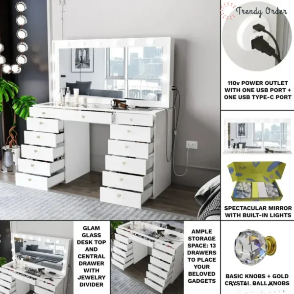 Looks Illuminated Vanity with 13 Drawers and Glass Top Looks Illuminated Vanity with 13 Drawers and Glass Top