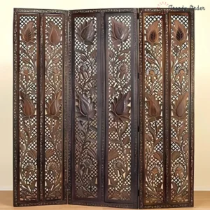 Antique Carved Room Divider with Floral Lattice Design