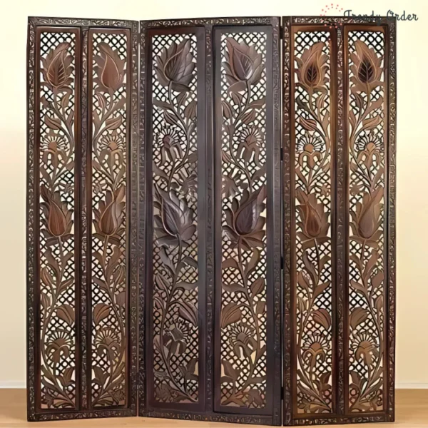 Antique Carved Room Divider with Floral Lattice Design