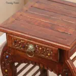 Vintage Wooden Side Table Carved Stone Inlay Design