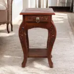 Vintage Wooden Side Table Carved Stone Inlay Design