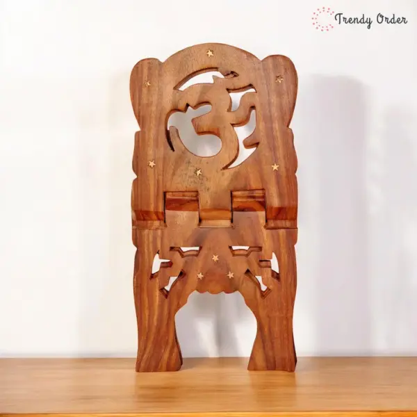 Wooden Folding Book Stand Handcrafted OM Design for Ramayan