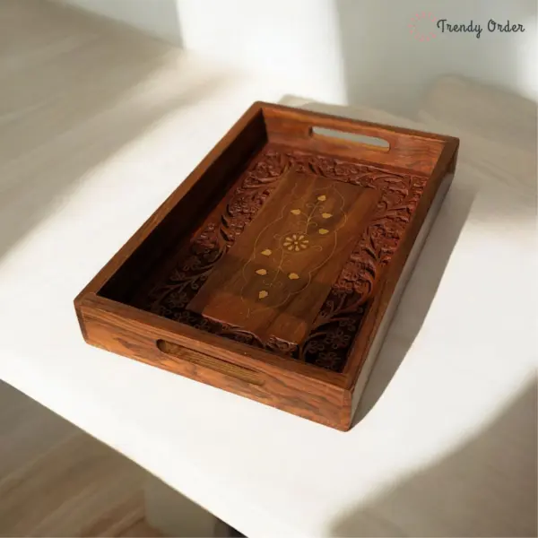 Wooden Serving Tray with Brass Inlay