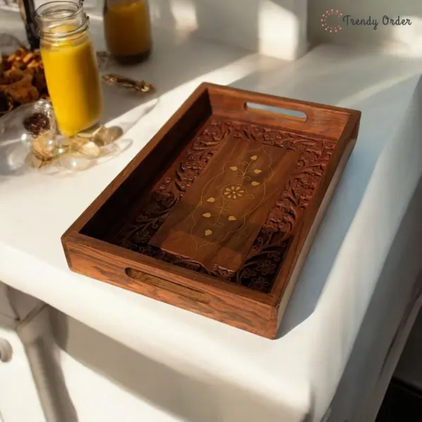 Wooden Serving Tray with Brass Inlay