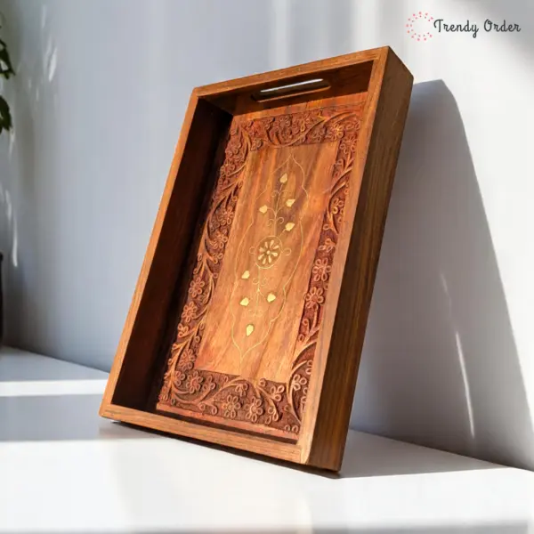 Wooden Serving Tray with Brass Inlay