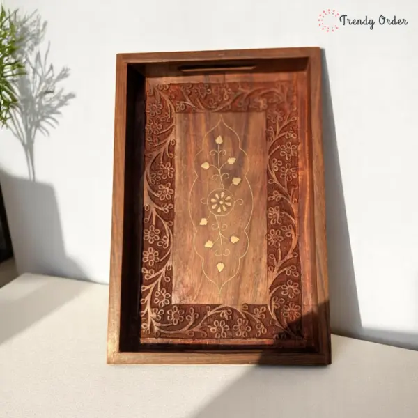 Wooden Serving Tray with Brass Inlay