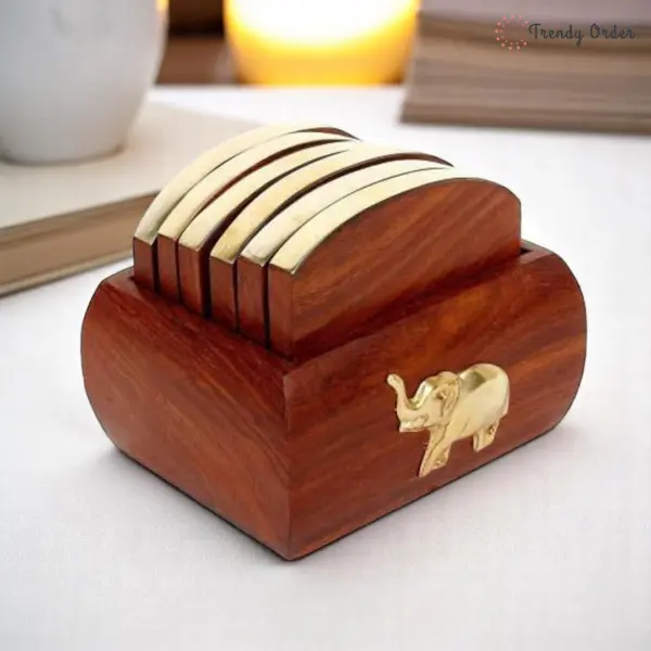 Brass Elephant Wooden Coaster Brass Elephant Wooden Coaster