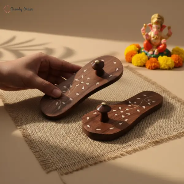 Small Pooja Khadau Paduka with White Inlay