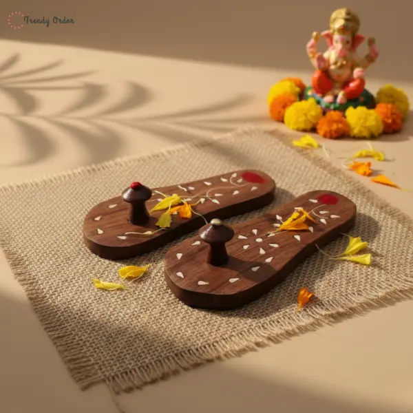 Small Pooja Khadau Paduka with White Inlay