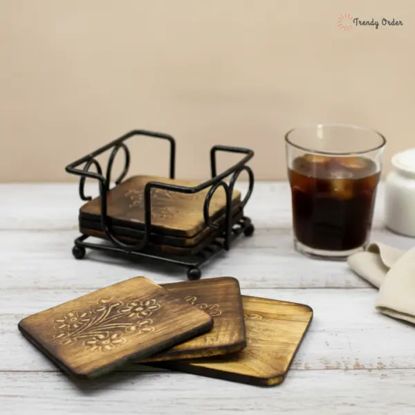 Wooden Coasters with Wrought Iron Holder Wooden Coasters with Wrought Iron Holder