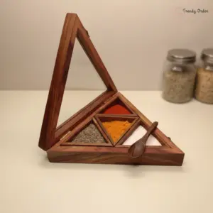 Triangle Shaped Wooden Masala Box with Glass Lid