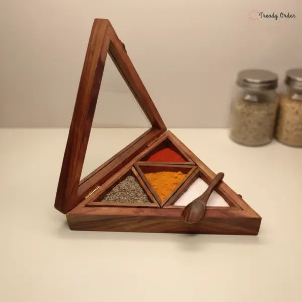 Triangle Shaped Wooden Masala Box with Glass Lid Triangle Shaped Wooden Masala Box with Glass Lid