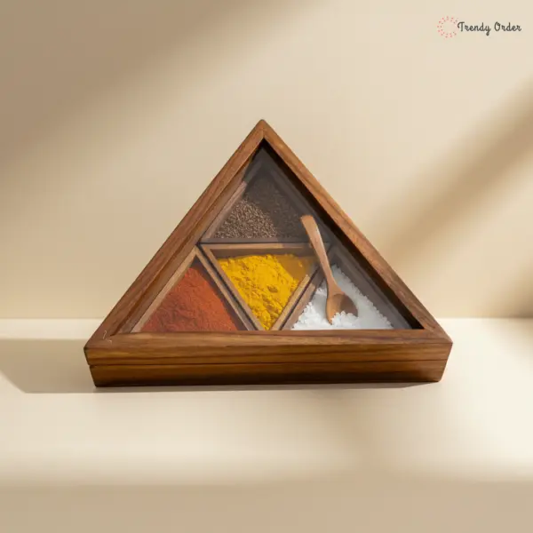 Triangle Shaped Wooden Masala Box with Glass Lid