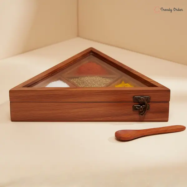 Triangle Shaped Wooden Masala Box with Glass Lid