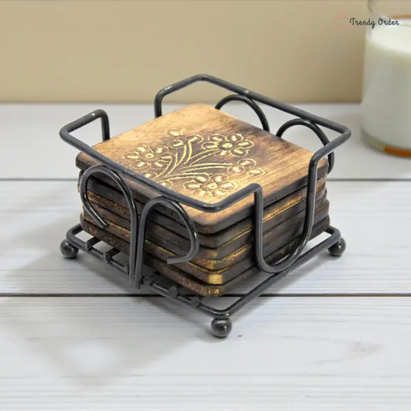 Wooden Coasters with Wrought Iron Holder