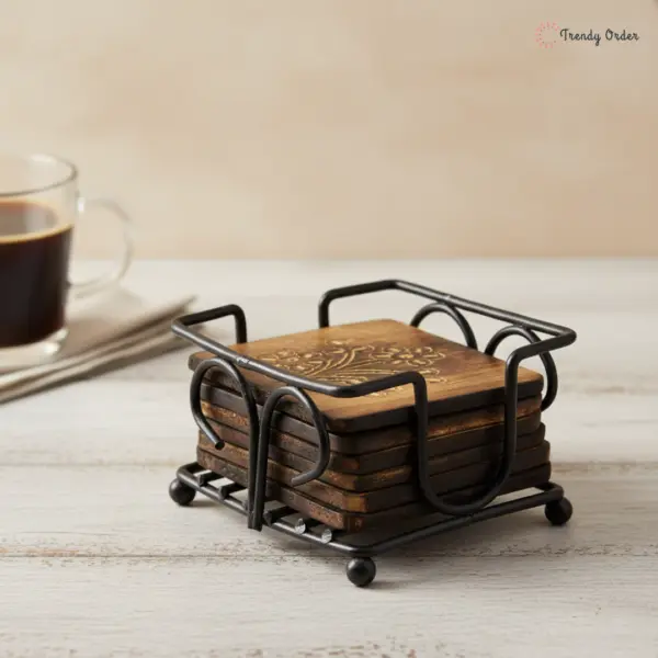 Wooden Coasters with Wrought Iron Holder