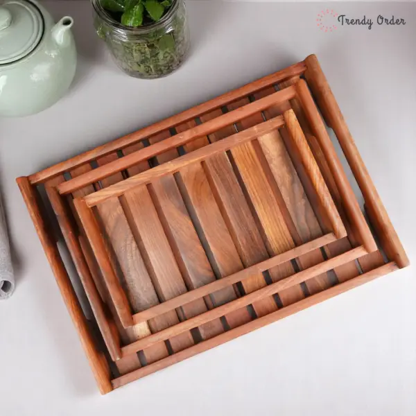 Slatted Wooden Serving Tray Set of 3