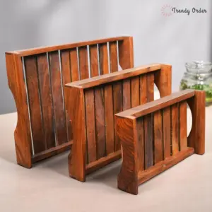 Slatted Wooden Serving Tray Set of 3