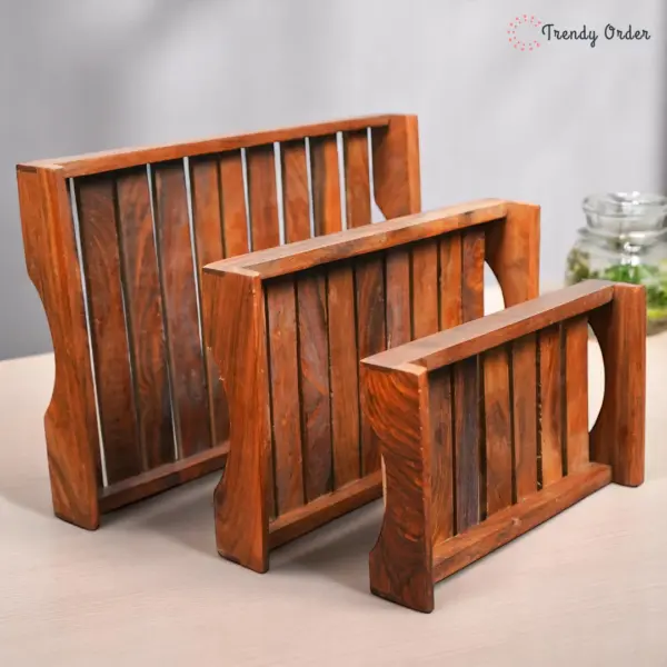 Slatted Wooden Serving Tray Set of 3