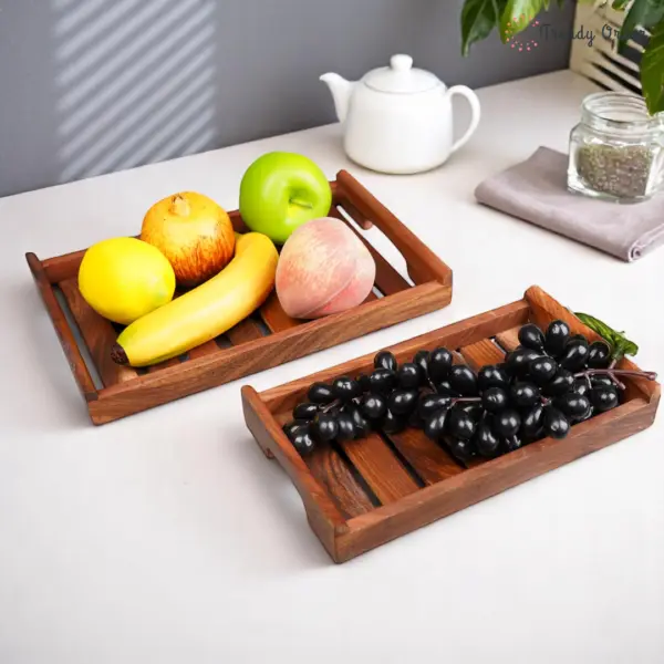 Slatted Wooden Serving Tray Set of 3