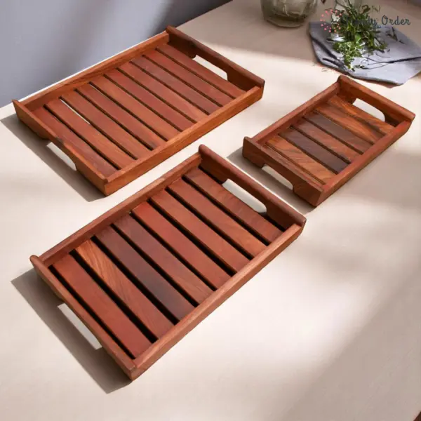 Slatted Wooden Serving Tray Set of 3